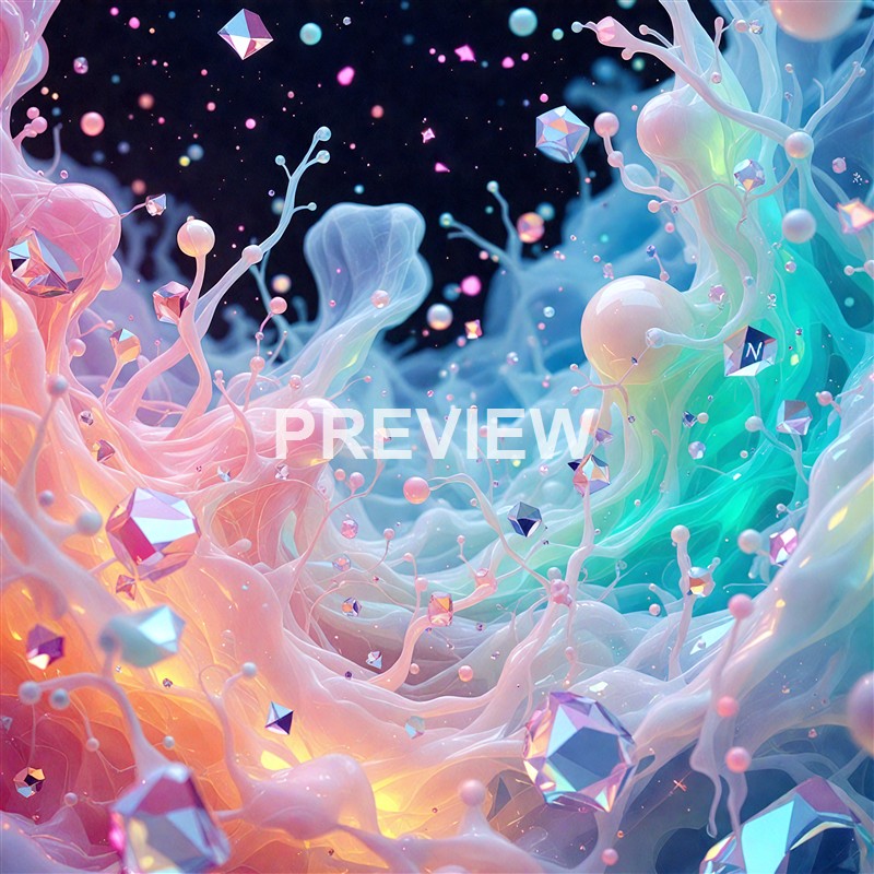 The image depicts an abstract, colorful scene with flowing, semi-transparent shapes in pastel hues, intertwined with small geometric and spherical elements, set against a dark background.